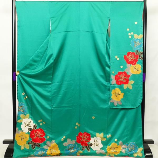 中古 振袖 しつけ糸付き 正絹 花柄 袷仕立て 身丈175cm 裄丈70cm 箔  