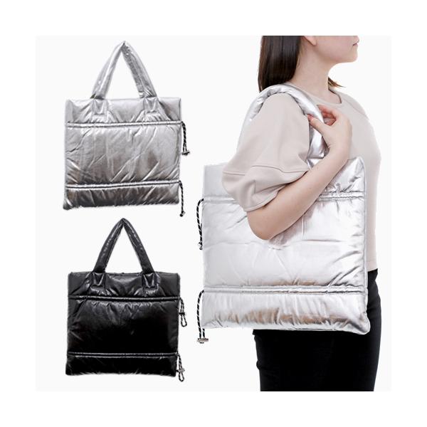 ハンドバッグ マザーズバッグ 肩掛け お出かけバッグ 鞄 BAG メタリック 2way 長財布OK 女性 レディース ポリアクリル 黒 シルバー 爆買