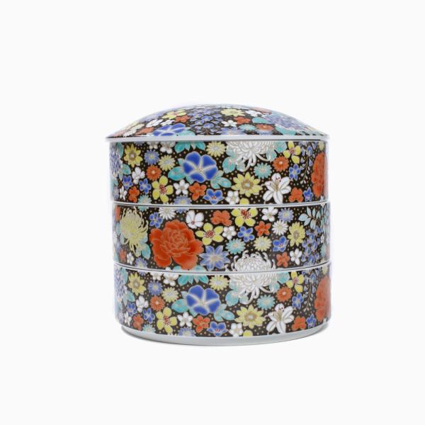 三段重箱 九谷焼 北陸伝統工芸 花詰 黒 ブラック 色絵 小物入れ 記念日