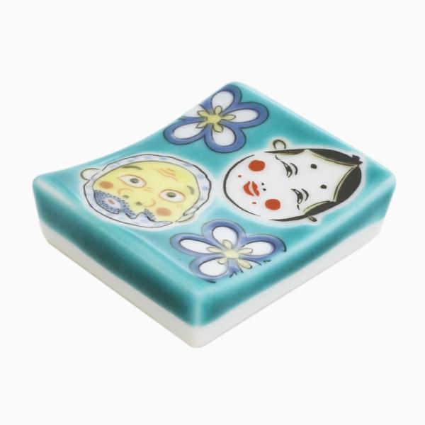 日本製 九谷焼 久谷焼 北陸伝統工芸 色絵 磁気 陶器 陶磁器 キッチン雑貨 日用品 カトラリーレスト 箸置き はしおき お洒落 芸術 ポーチ付 ひょっとこおかめ