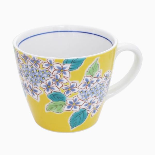 日本製 九谷焼 久谷五彩 磁気 陶器 陶磁器 マグカップ コップ カップ 紫陽花 あじさい 青郊窯 華やか 鮮やか お洒落 オシャレ お祝い 記念日 誕生日 結婚祝い