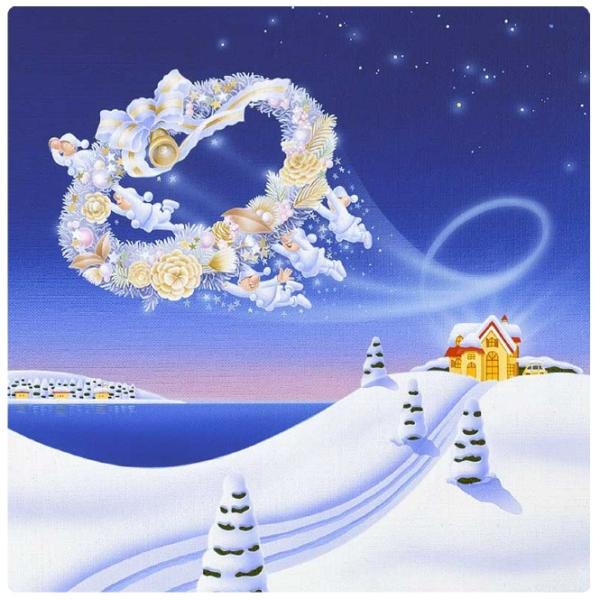 壁掛けアート アートパネル 風景画 イラストレーター 高橋宣孝 風景イラスト 買収 クリスマスのリースを運ぶ妖精達と雪景色