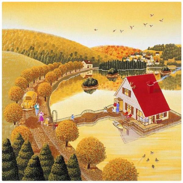 壁掛けアート 正規店 アートパネル 風景画 高橋宣孝 イラストレーター 湖に浮ぶ赤い屋根の別荘と秋の風景と人々