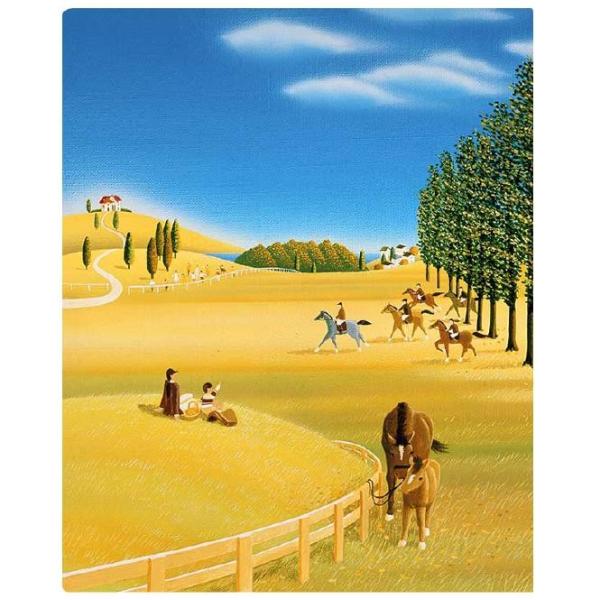 手数料無料 壁掛けアート アートパネル 風景画 イラストレーター 高橋宣孝 親子の馬と秋の乗馬レースのイラスト