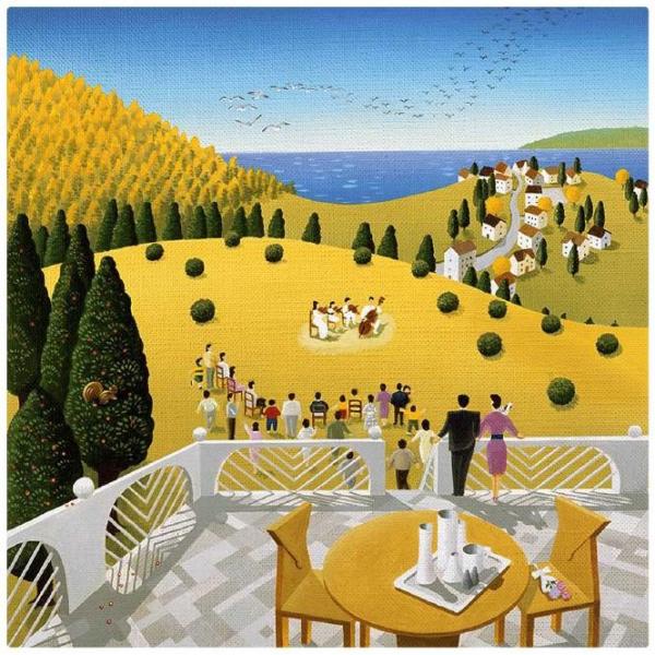 壁掛けアート アートパネル 風景画 在庫あり 秋の日の野外ファミリーコンサートの絵 イラストレーター 高橋宣孝