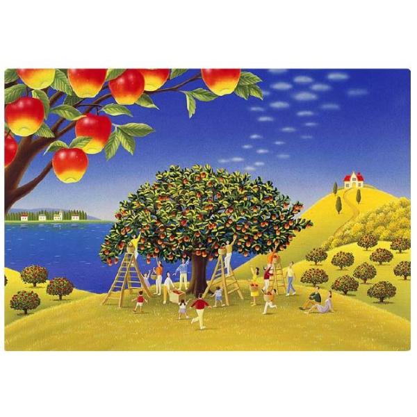 壁掛けアート アートパネル 大人気 風景画 リンゴ狩りをする人々とリンゴ畑のイラスト イラストレーター 高橋宣孝