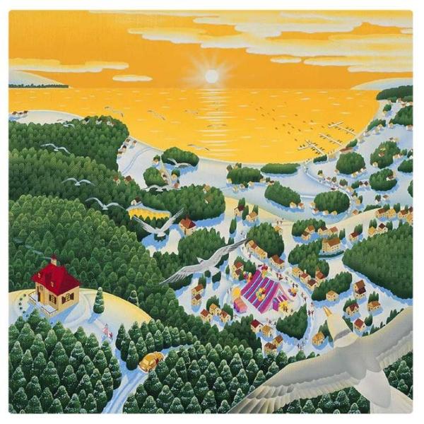 壁掛けアート アートパネル 予約 風景画 イラストレーター 鳥瞰図のイラスト初日の出と家並とサーカス 高橋宣孝