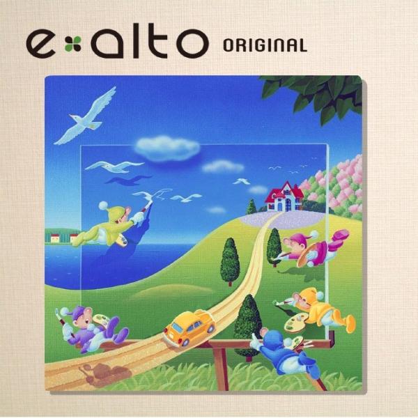 壁掛けアート アートパネル 風景画 メルヘンイラスト 妖精が描く鳩 小人 赤い屋根 黄色 白い鳥 家 車 海 新着セール 丘