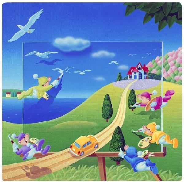 壁掛けアート アートパネル 風景画 メルヘンイラスト 妖精が描く鳩 小人 赤い屋根 家 白い鳥 車 新作アイテム毎日更新 丘 黄色 海