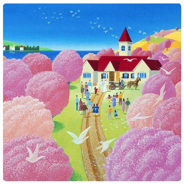 壁掛けアート アートパネル 風景画 イラストレーター 激安通販販売 高橋宣孝 風景イラスト 挙式 桜に囲まれ赤い屋根の教会での結婚式 ４月 鳩 春