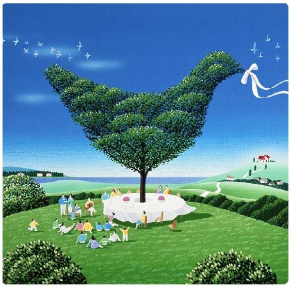 壁掛けアート アートパネル 風景画 イラストレーター 高橋宣孝 風景画イラスト 鳥の形をした樹木と緑の草原 テーブル 今だけ限定15 Offクーポン発行中 ピクニック 鳥 青空