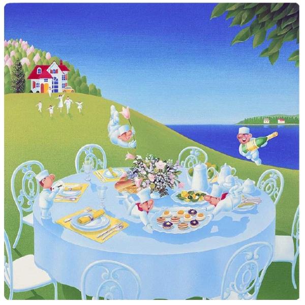 壁掛けアート アートパネル 風景画 イラストレーター 高橋宣孝 風景画イラスト 小人 丘 クッキー スイーツ テーブル 妖精 お菓子 赤い屋根 お値打ち価格で