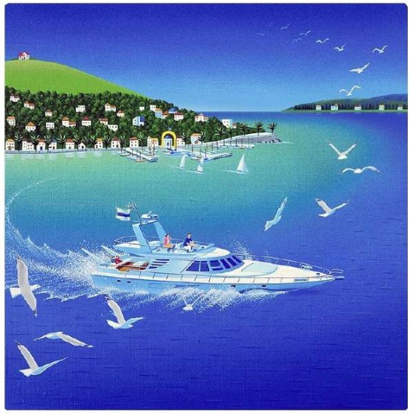 夏の風景画 海 イラスト ヨット アートパネル 出色 壁掛け ファブリックパネル 絵画
