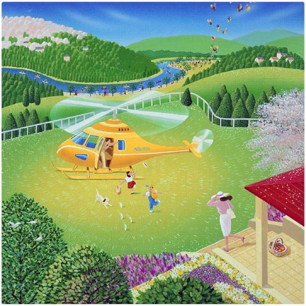 壁掛けアート アートパネル 風景画 イラストレーター 高橋宣孝 風景画 黄色のヘリに乗り込む家族と春のイラスト ウォールデコレーション
