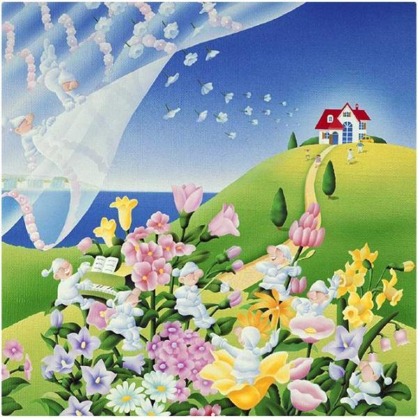 壁掛けアート 在庫一掃売り切りセール アートパネル 風景画 高橋宣孝 花の楽器で演奏会を開く妖精が春を告げる絵 イラストレーター
