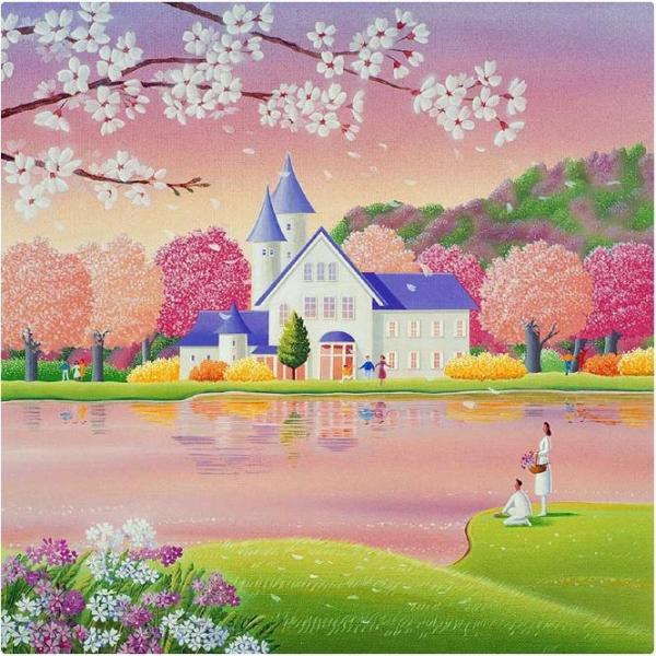 大注目 壁掛けアート アートパネル 風景画 桜と城と湖と男女のイラスト イラストレーター 高橋宣孝