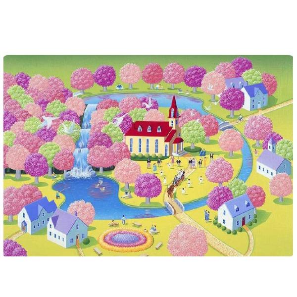 壁掛けアート 輸入 アートパネル 風景画 イラストレーター 高橋宣孝 赤い屋根の教会と春のイラスト騙し絵