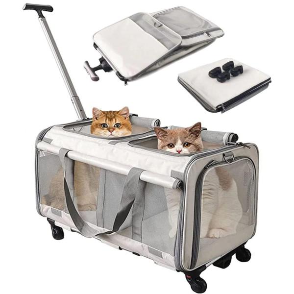 【仕様サイズ】サイズ：縦60×横39×高さ43cm。持ち手：88cm。重量: 3.56kg。素材：アルミ合金、オックスフォード布、ナイロンメッシュ。ペットケージには 2 匹のペット用の 2 つの独立したコンパートメントがあり、コンパートメン...