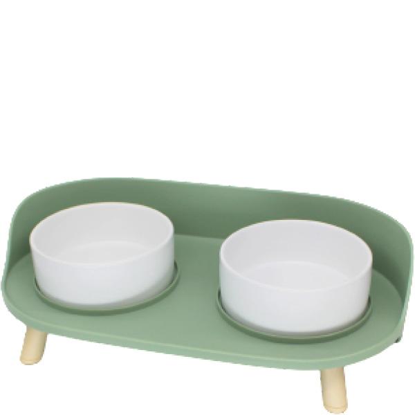 緑色の陶器製小型食器（スタンド付き） まるっと洗える！ 飛び散りにくいふち付きフードスタンド 食器付