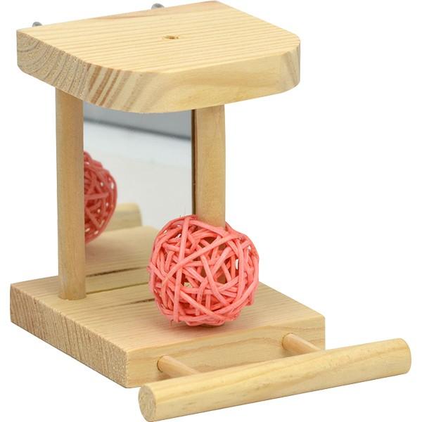 【取寄せ商品・9日以内の出荷】天然木をメインに使用した小鳥のオモチャ、バードトイシリーズ。鏡にオモチャが付いた、かわいい小鳥用パーチ。【材質・成分・素材など】天然木・ガラス【製造国】中国【サイズ】約W100×D140×H110mm【組立て有...