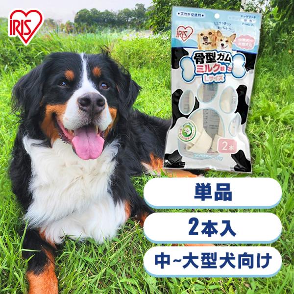 他サイト： 犬 おやつ ガム 犬用おやつ ミルク味 L 2本入 犬用ガム 中〜大型犬向け  しつけ ご褒美 アイリスオーヤマ 骨型ガム ハードタイプ P-MG-2Lの商品画像