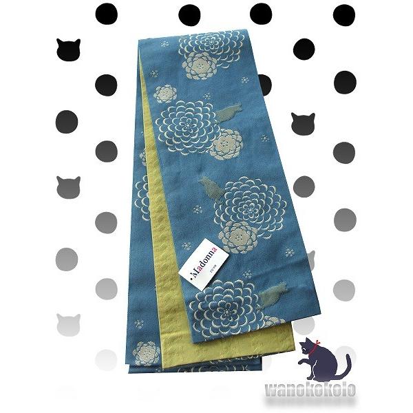 半幅帯 小袋帯 花浅葱色系 猫 ダリア柄 H 146 Wanokokolo H 146 和の志 ヤフー店 通販 Yahoo ショッピング