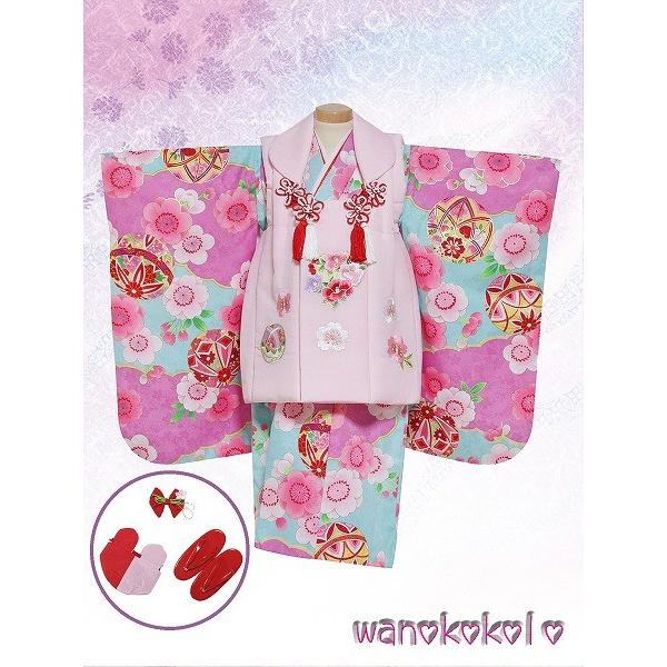 【花ひめ水色鞠ピンク被布】七五三 3歳 着物 被布コート セット 女の子 七五三着物 三歳用女の子被布コートセット 舞花音 ピンク系花丸椿/水色