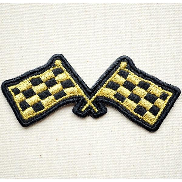 ワッペン アイロン おしゃれ 刺繍 チェッカーフラッグ(旗/ゴールド