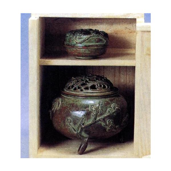 香炉 玉型 三友文 □須賀月芳作 蝋型青銅（ブロンズ）製 桐箱入【高岡