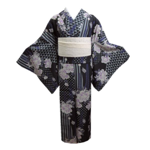 着物 洗える 袷 小紋 半巾帯 細帯 2点セット Ｈ・Ｌ 黒地牡丹藤ドットウロコライン フリー カジュアル きもの プレタ 半幅帯 女性用 着物 洗える 袷 小紋 半巾帯 細帯 2点セット H・L 黒地牡丹藤ドット