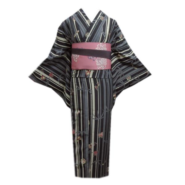 着物 洗える 袷 小紋 半巾帯 細帯 2点セット H・L 黒色地宝尽くし