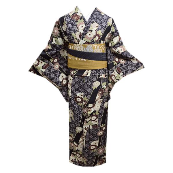 着物 洗える 袷 小紋 半巾帯 細帯 2点セット Ｈ・Ｌ 黒色地熨斗目菊麻の葉七宝花菱 フリー 女性用 カジュアル きもの プレタ 半幅帯 レディース 着物 洗える 袷 小紋 半巾帯 細帯 2点セット H・L 黒色地熨斗目菊