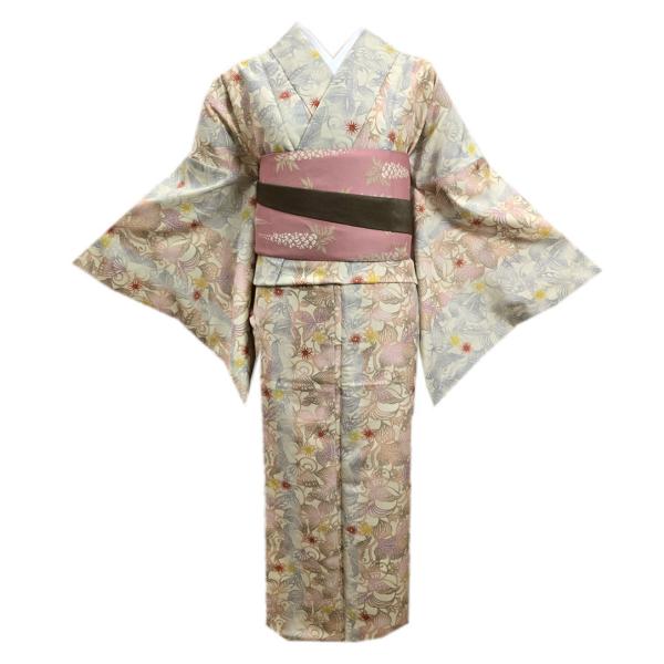 着物 洗える 袷 小紋 半巾帯 細帯 2点セット clubH・L 淡緑グレー地