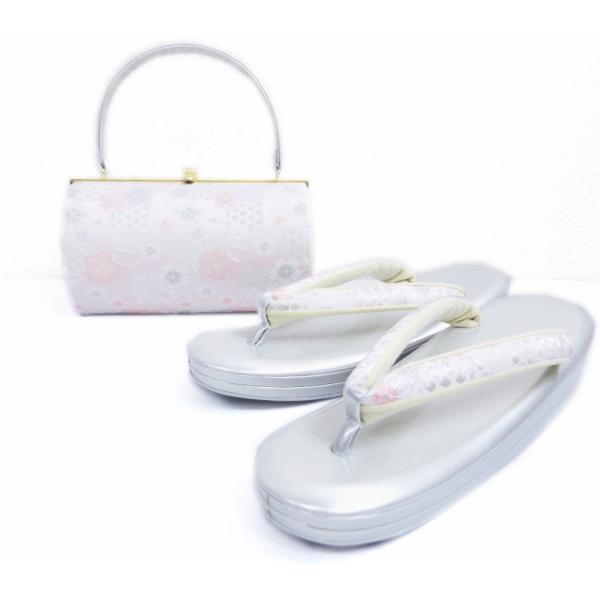 草履バッグセット 帯地 横丸型 淡ピンク銀地ラメ市松桜 3Ｌ 27ｃｍ 日本製 大きいサイズ 振袖 成人式 卒業式 袴 訪問着 着物 草履バッグセット 帯地 横丸型 淡ピンク銀地ラメ市松桜 3L 27cm