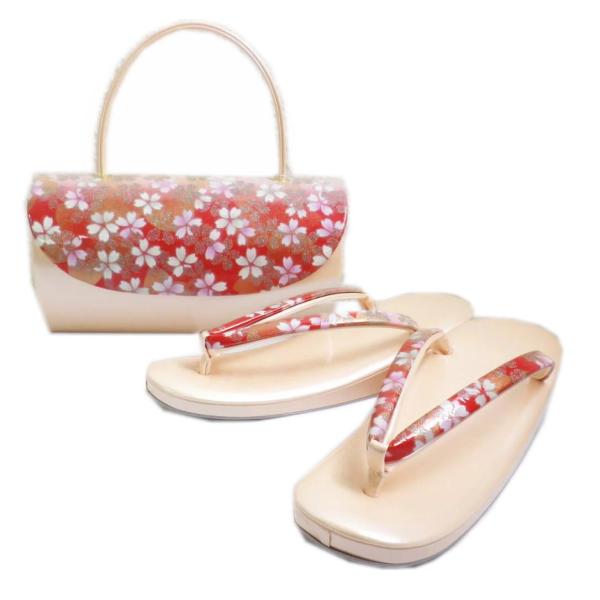 草履バックセット　3Lサイズ　赤系　桜　花びら　日本製 草履バッグセット 大きいサイズ 3L 日本製 横丸被型赤色地桜ラメ桜