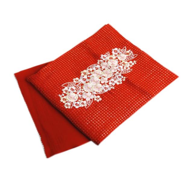 帯揚げ 帯上げ 銀通し ふくれ織 刺繍入り 正絹 赤色地八重梅枝 丹後ちりめん 日本製 振袖 成人式 着物 帯あげ 振袖用 きもの シルク 帯揚げ 帯上げ 銀通し ふくれ織 刺繍入り 正絹 赤色地八重梅枝 丹後