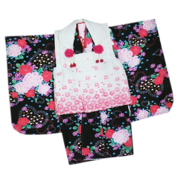 被布セット 七五三 着物 3歳 キッズ 女の子 9点フルセット 黒地薔薇