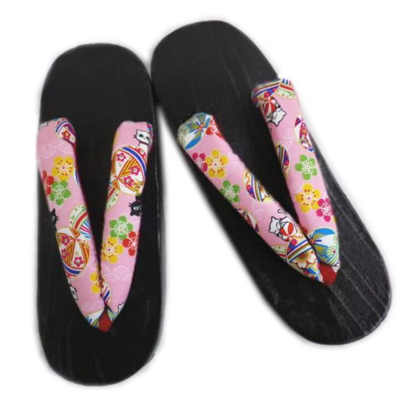 下駄 桐 女性用 フリー 24ｃｍ 漆黒台 ピンク地猫鞠梅 浴衣 ゆかた 