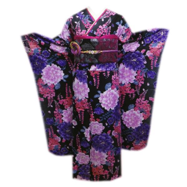 振袖 洗える お買上 お仕立上がり 袋帯 長襦袢 3点セット 黒地大輪可憐花藤 フリー 成人式 購入 総柄 出来上がり ポリエステル 振袖 洗える お買上 お仕立上がり 袋帯 長襦袢 3点セット 黒地大輪可憐