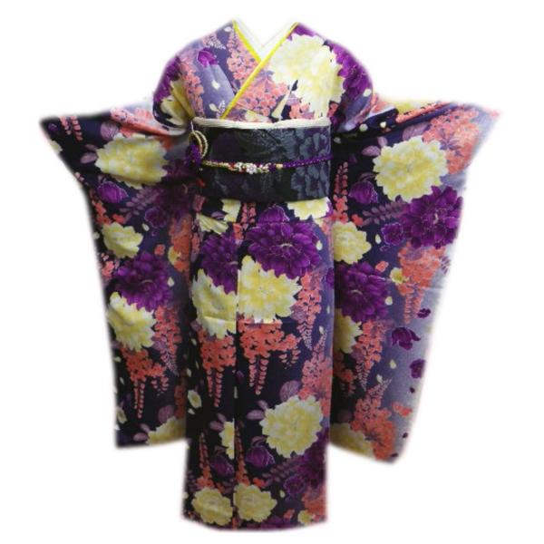 振袖 洗える お買上 お仕立上がり 袋帯 長襦袢 3点セット 濃紫地大輪