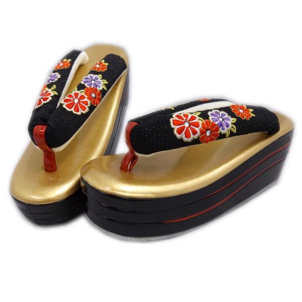 草履 ぞうり 桂由美 厚底ヒール こっぽり風 金黒台ラインストーン刺繍鼻緒可憐花黒 フリー 振袖 成人式 卒業式 袴 着物 草履 ぞうり 桂由美 厚底ヒール こっぽり風 金黒台ラインストーン刺繍