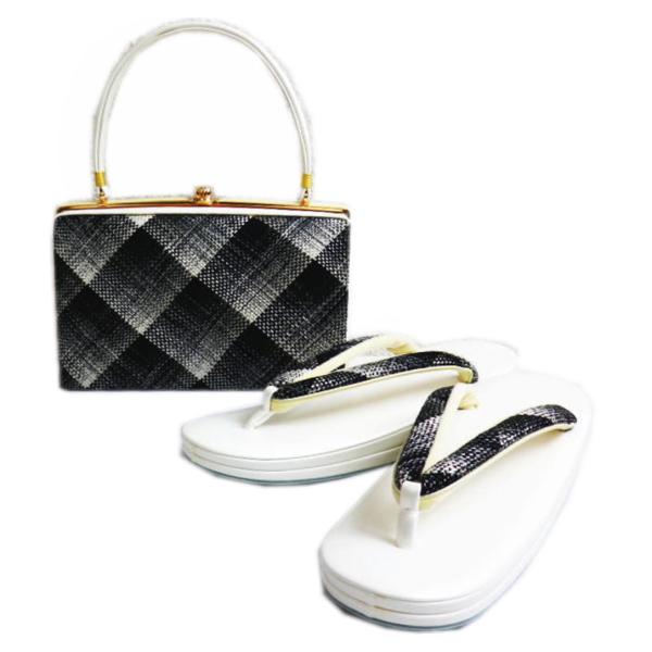 草履バッグセット 大きいサイズ ＬＬ 25ｃｍ 綾織地モノトーン菱 カジュアル 着物 小紋 紬 きもの 2L 草履バッグセット 大きいサイズ LL 25cm 綾織地モノトーン菱