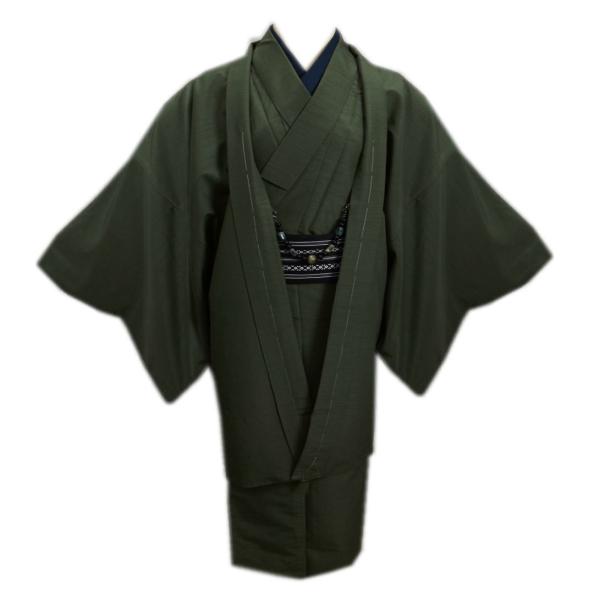 着物 袷 メンズ 男物 男性 お仕立て上がり 5点セット 渋緑色 3Ｌ 大きいサイズ 羽織 羽織紐 ワンタッチ角帯 半襦袢 男物 紳士用 洗える 無地 着物 袷 メンズ 男物 男性 お仕立て上がり 5点セット 渋緑色 3L