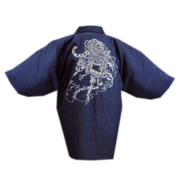 寒い日でも暖か紳士用刺繍入り半纏。軽くてオシャレ。オシャレにぬくぬく暖房節約でエコロジー。一度使ったらもう手放せません。デニム調生地に刺繍虎柄が背中に入っていてカッコ良さ＆粋さ＆オシャレ度ＵＰ。父の日＆誕生日プレゼントや海外＝外国人様へのお...