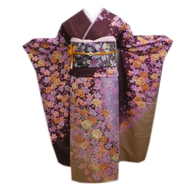 振袖 正絹 お買上 お仕立上がり 袋帯 長襦袢 3点セット ブランド 濃茶色地薔薇 フリー 成人式 出来上がり 購入 薔薇柄 バラ 振袖 正絹 お買上 お仕立上がり 袋帯 長襦袢 3点セット ブランド 濃