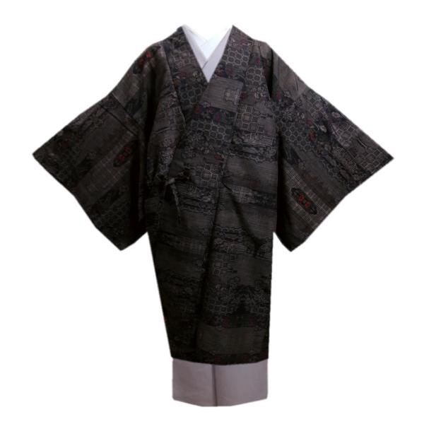 道中着 コート 大島紬調 茶黒地古典花流雲 ロング丈 フリー 洗える