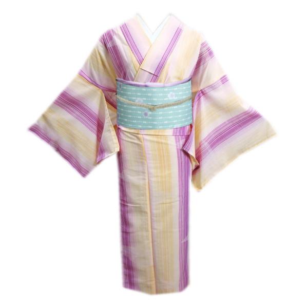 着物 洗える 紗 夏用 小紋 と 絽軽装帯 付け帯 2点セット 橙色