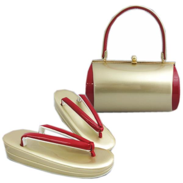 草履バッグセット エナメル 横丸型 金（赤） フリー 日本製 振袖 成人