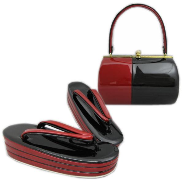 草履バッグセット エナメル 横丸型 黒赤 フリー 振袖 成人式 卒業式 袴