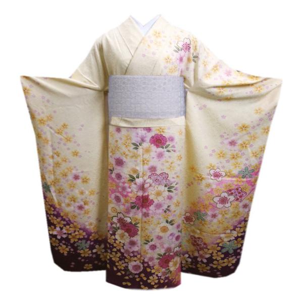 振袖 正絹 お買上 お仕立上がり 単品 淡黄色地紫ぼかし桜さくら八重桜 フリー 成人式 出来上がり 購入 販売 リメイク 生地 和柄 振袖 正絹 お買上 お仕立上がり 単品 淡黄色地紫ぼかし桜さくら八重桜